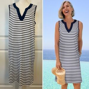 Lands’ End Beach Swim Cover-up Dress White & Navy Blue Stripe Cotton Jersey LG